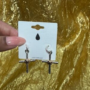 Twisted Rope Cross Hoop Earrings – Silver & Gold Tone